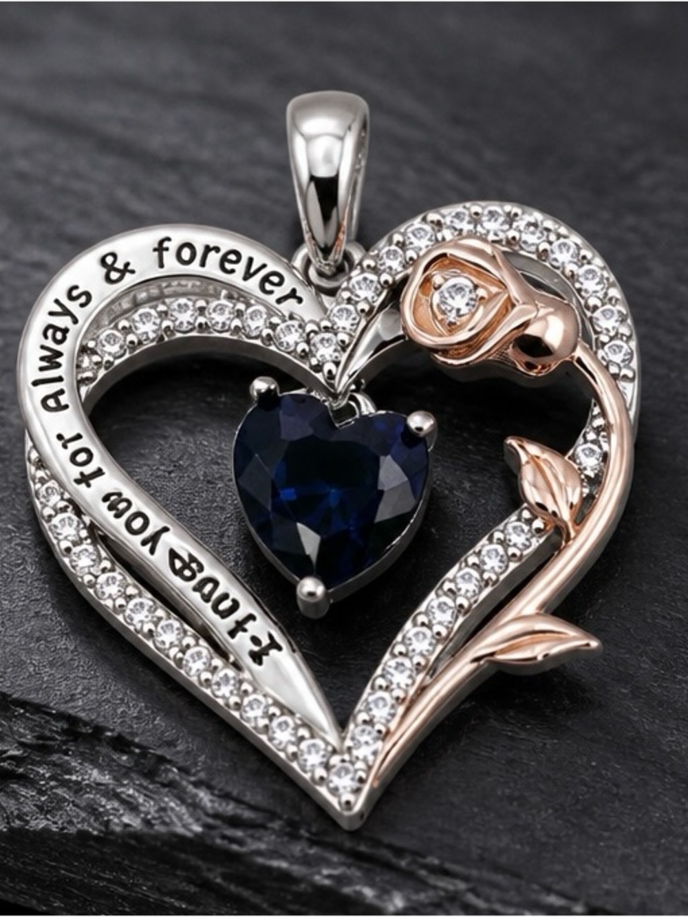 Sterling Silver  & Rose Gold Heart Pendant with Deep Blue Heart Glass stone
